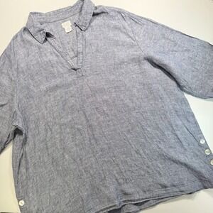 Sigrid Olsen Long Sleeve Linen Top 2X Blue 3/4 Sleeves Coastal Grandma